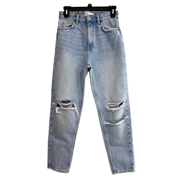 Zara Denim - Zara Denim Jeans, Light Wash,  Relaxed, Factory Distressed, High Wasted, US 4